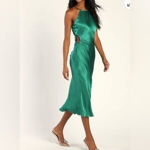 Lulus Green Satin Cut Out Midi Dress with a Slit Size Large